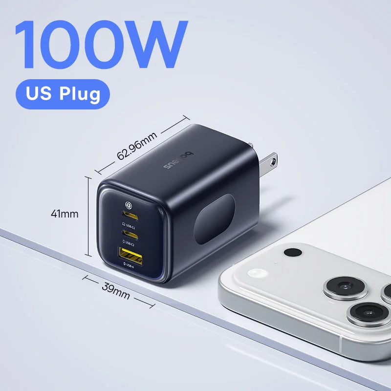 100W GaN 3-Port Fast Wall Charger for Laptops and Smartphones