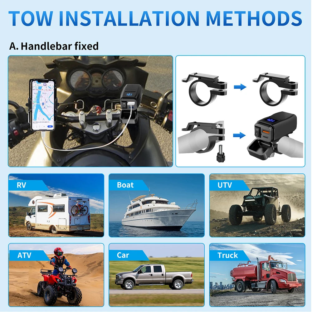 Motorcycle 100W Bidirectional USB Charger with Voltmeter and Switch
