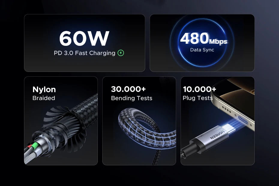 60W USB-C to USB-C Fast Charging and Data Sync Cable