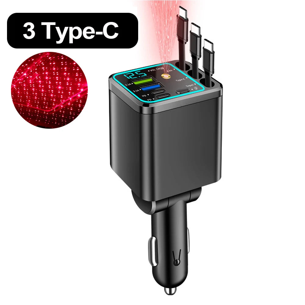 7-in-1 Fast Car Charger with Retractable Cables and Digital Voltmeter - 19