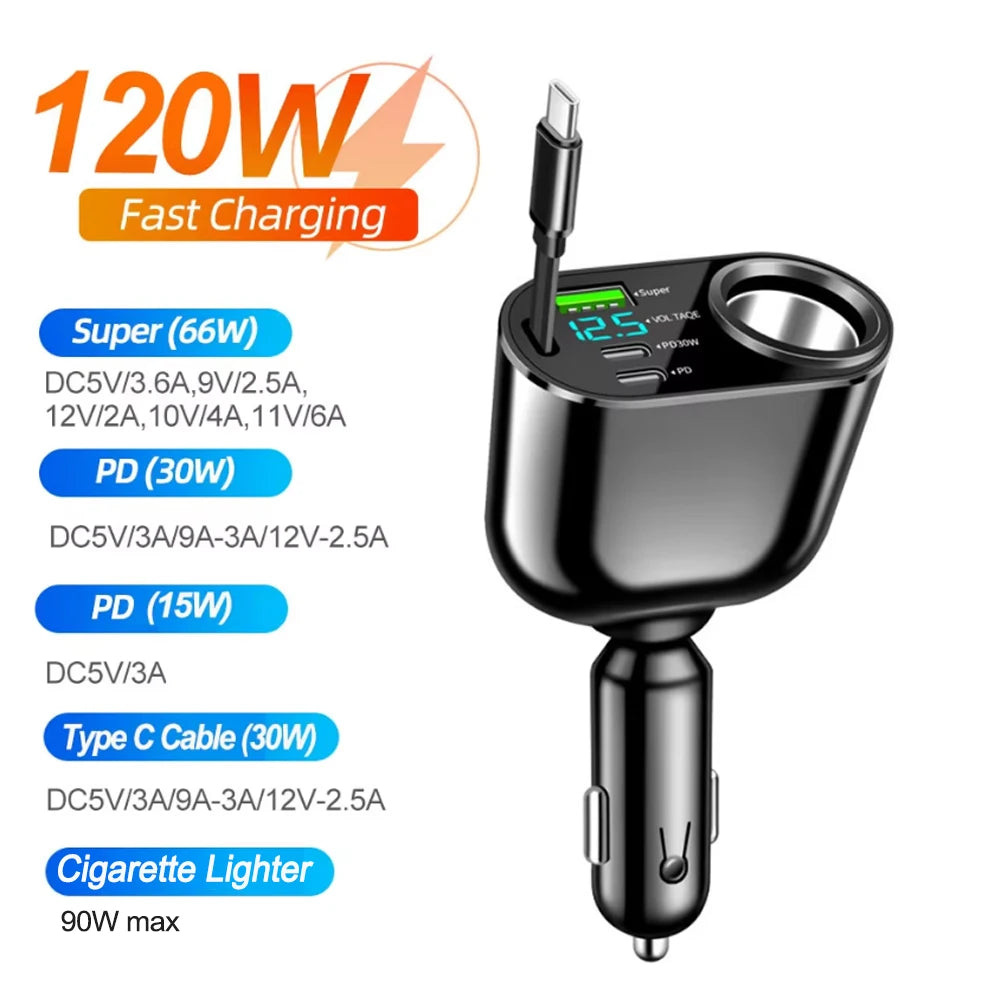 120W 4-in-1 Fast Car Charger with Dual USB and Type-C