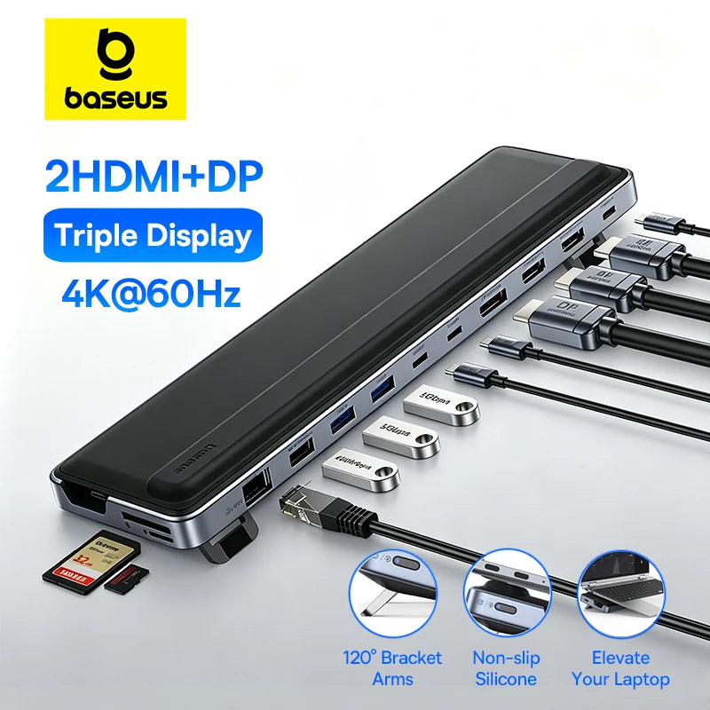 12-in-1 USB-C Triple Display Docking Station with Laptop Stand