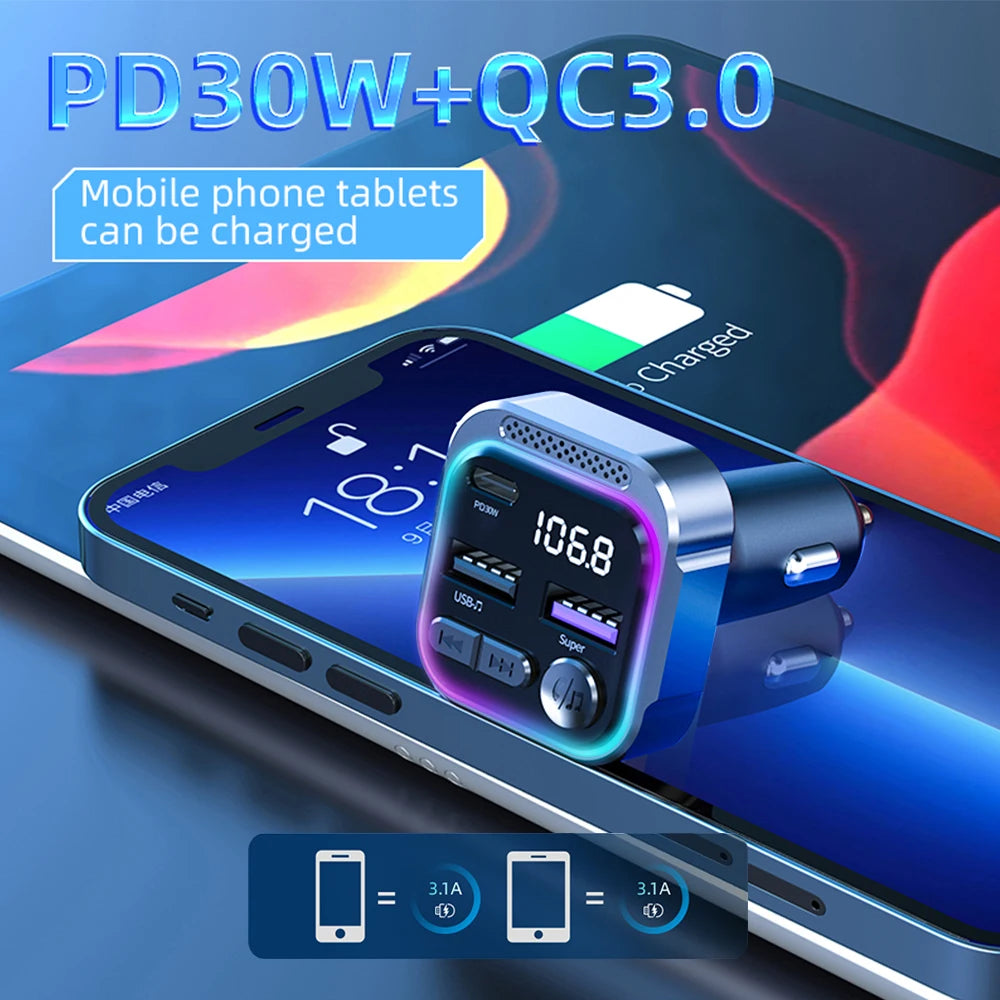 Bluetooth 5.3 FM Transmitter Car Radio Modulator PD and QC3.0 Charger
