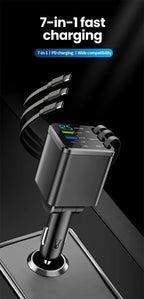 7-in-1 Fast Car Charger with Retractable Cables and Digital Voltmeter