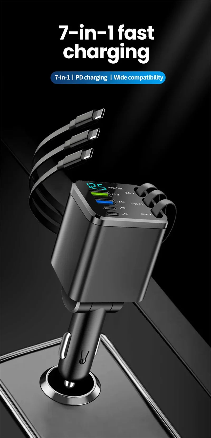 7-in-1 Fast Car Charger with Retractable Cables and Digital Voltmeter