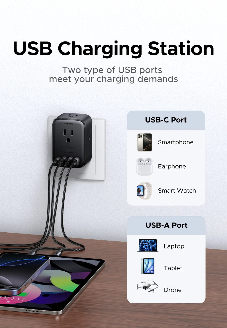 20W Outlet Extender with 4 AC Outlets and 4 USB Charging Ports