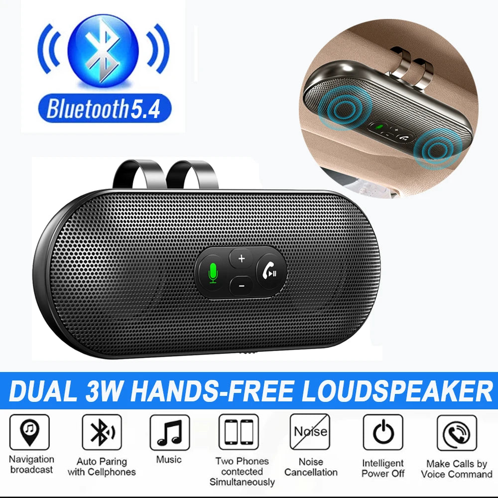 Bluetooth 5.4 Handsfree Car Kit Dual 3W Speakerphone Sun Visor Mount