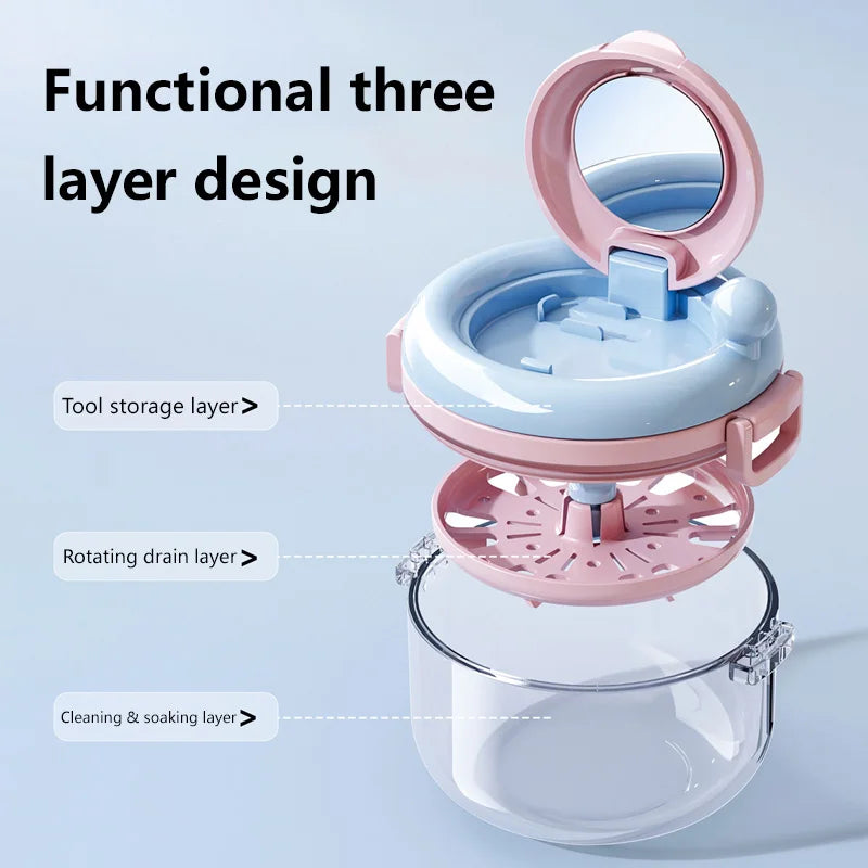 Rotary Denture Cleaning and Storage Container with Drainage Tray