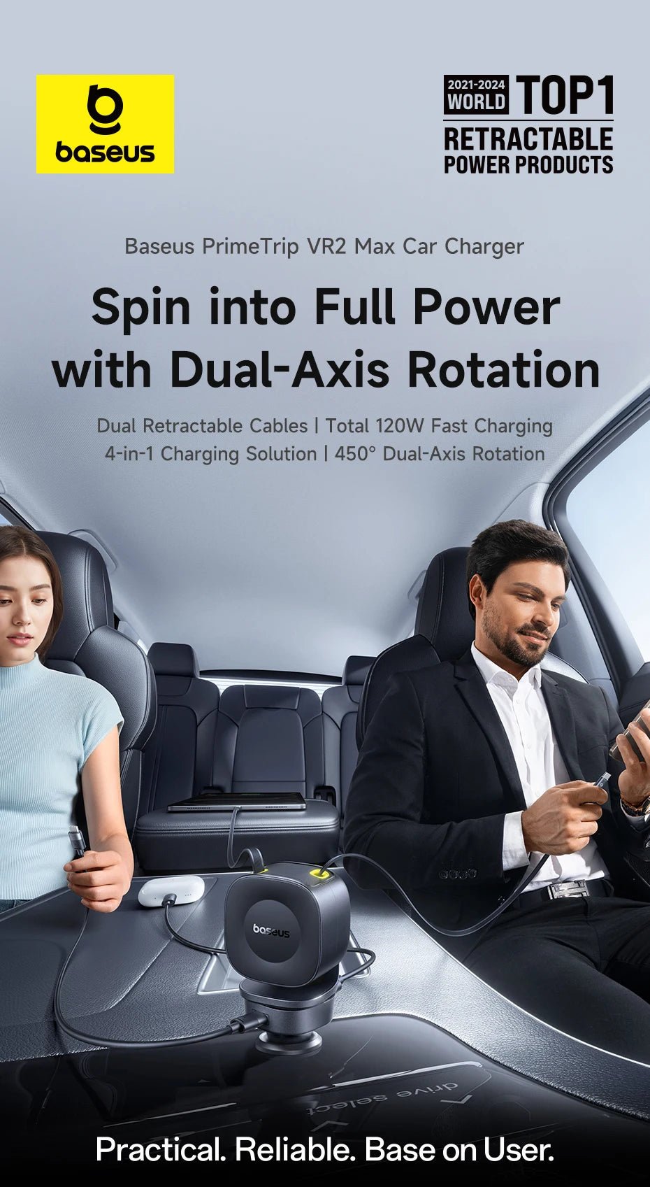 4-Port Fast Car Charger with Retractable Cables