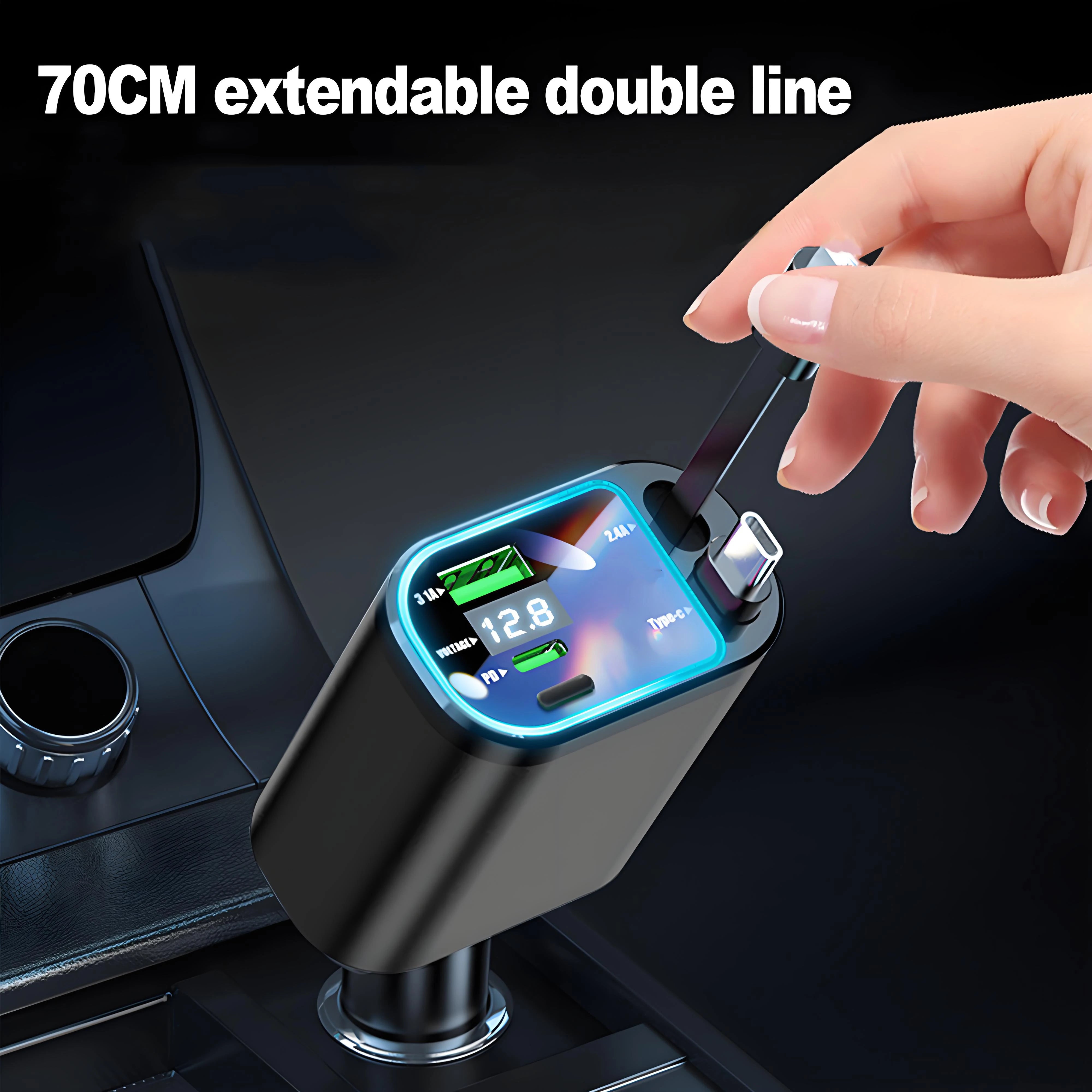 120W Retractable Fast Car Charger with Voltage Display - 9