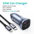 30W Dual Port Fast Car Charger with PD 3.0 and QC 3.0