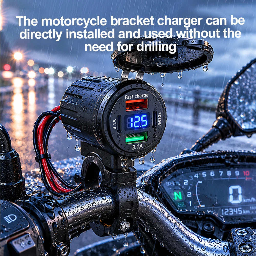 83W Motorcycle Handlebar USB Fast Charger with Voltmeter - 11