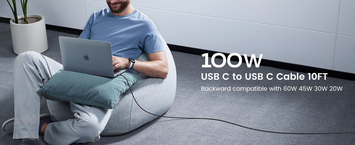 100W USB-C to USB-C Fast Charging Cable for Laptops and Smartphones - 10