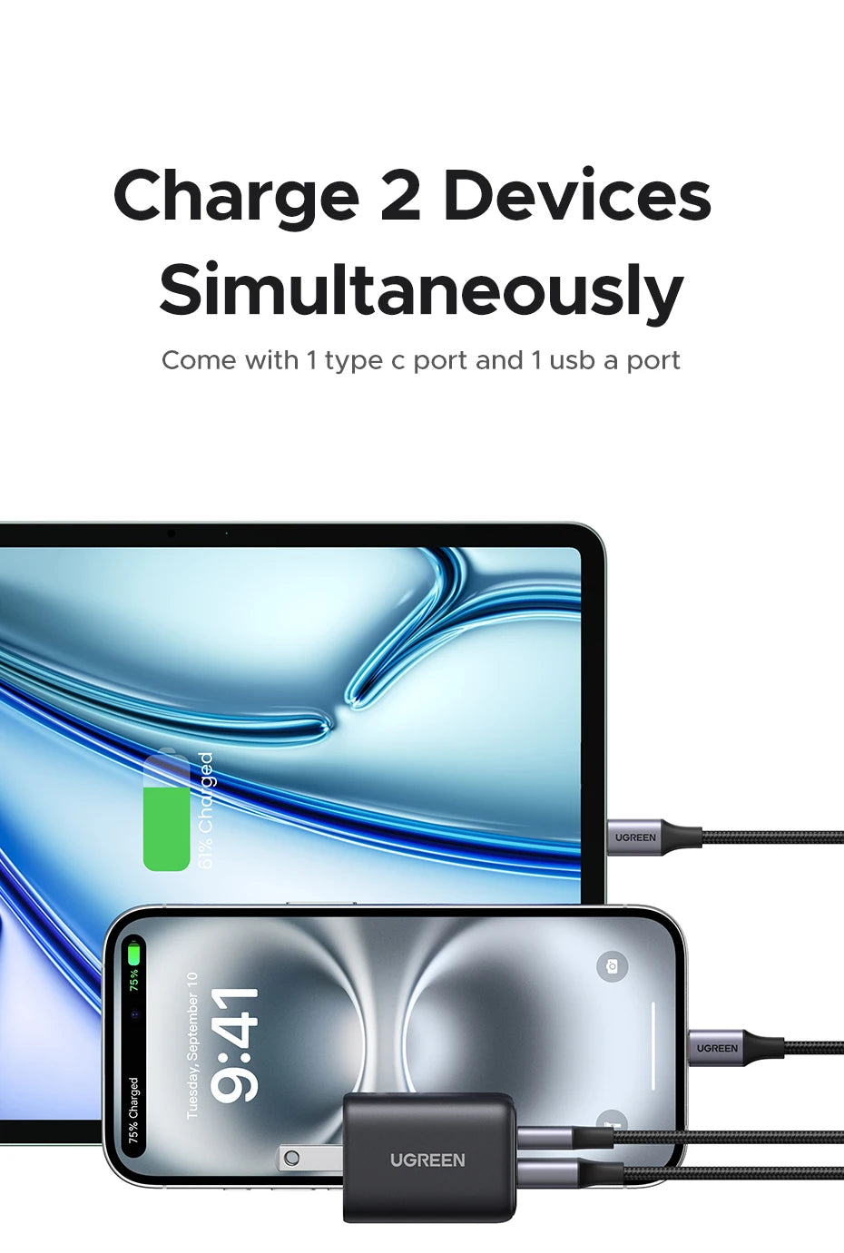 20W GaN Dual-Port USB-C and USB-A Fast Wall Charger