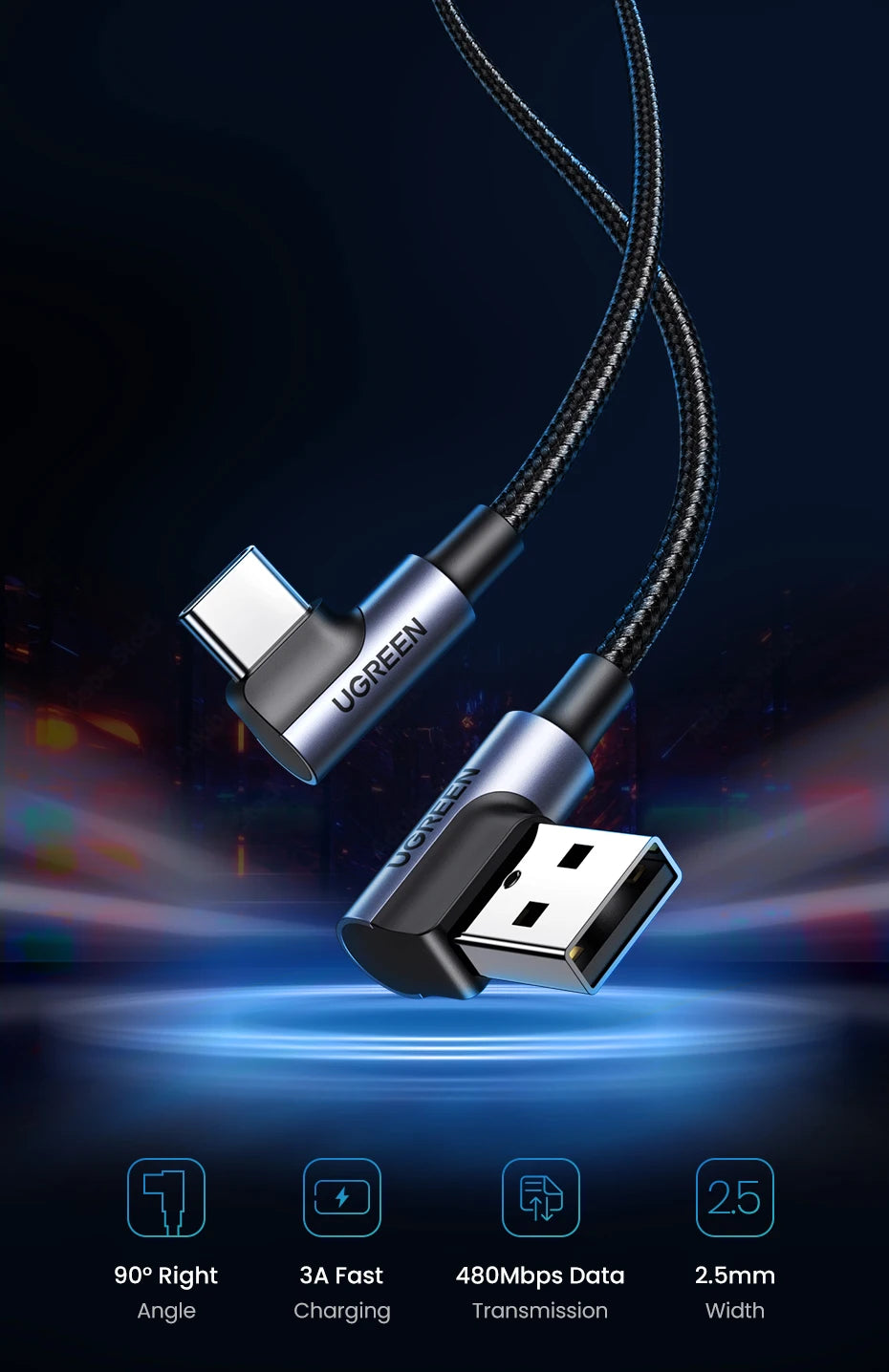 90-Degree USB-C Fast Charging and Data Sync Cable - 7