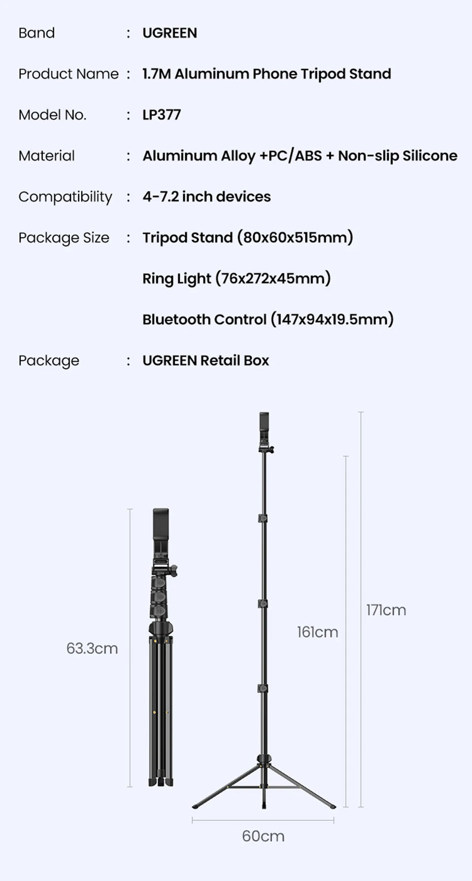 1.7m Extendable Aluminum Phone Tripod with Bluetooth Remote - 23