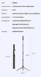 1.7m Extendable Aluminum Phone Tripod with Bluetooth Remote