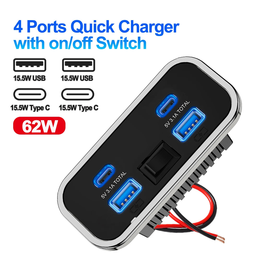 4 Port USB Car Charger with QC3.0 and PD3.0 Fast Charging Socket