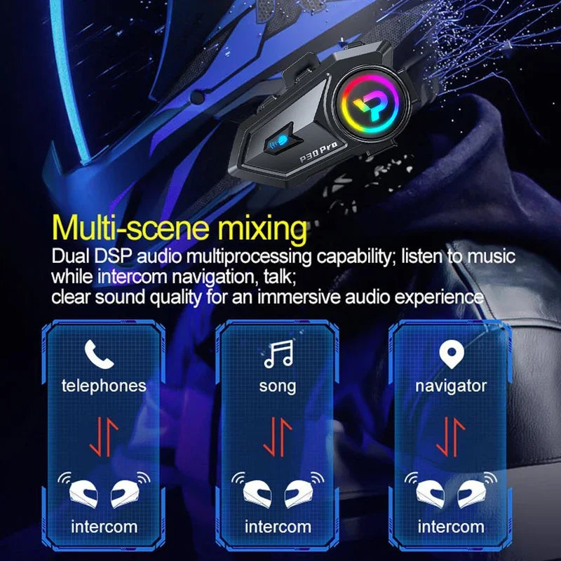 Bluetooth 6.0 Motorcycle Helmet Intercom Headset with FM Radio 500m