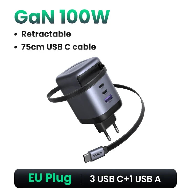 65W GaN Fast Wall Charger with Built-in Retractable USB-C Cable