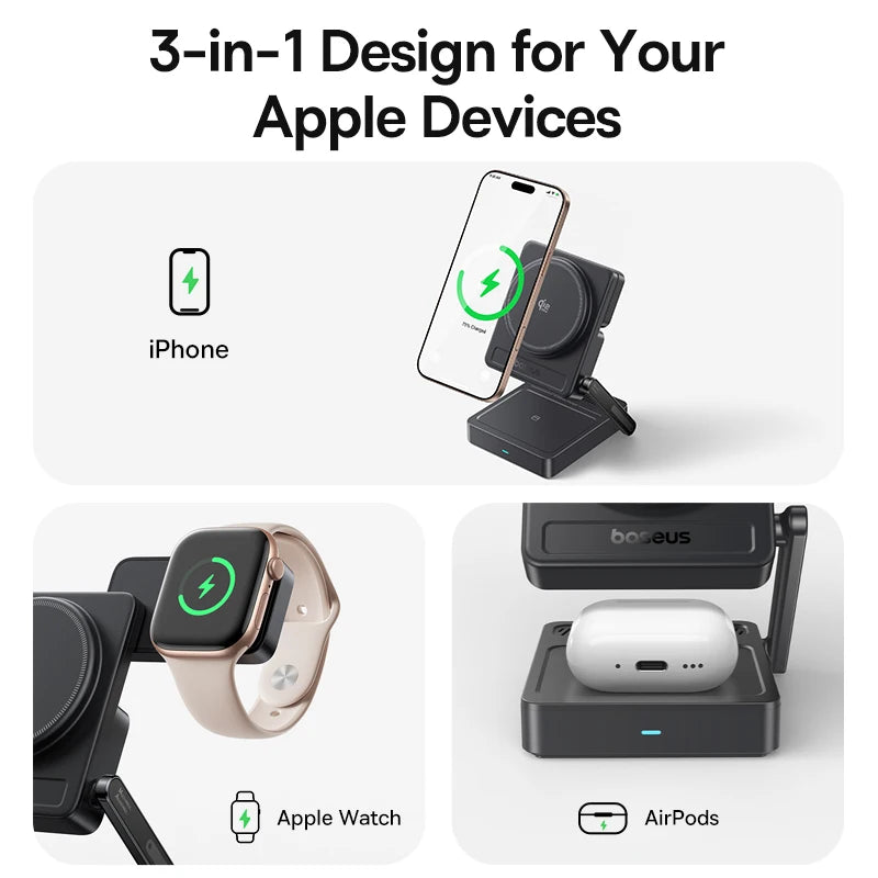 3-in-1 Foldable Magnetic Wireless Charging Station for Apple Devices