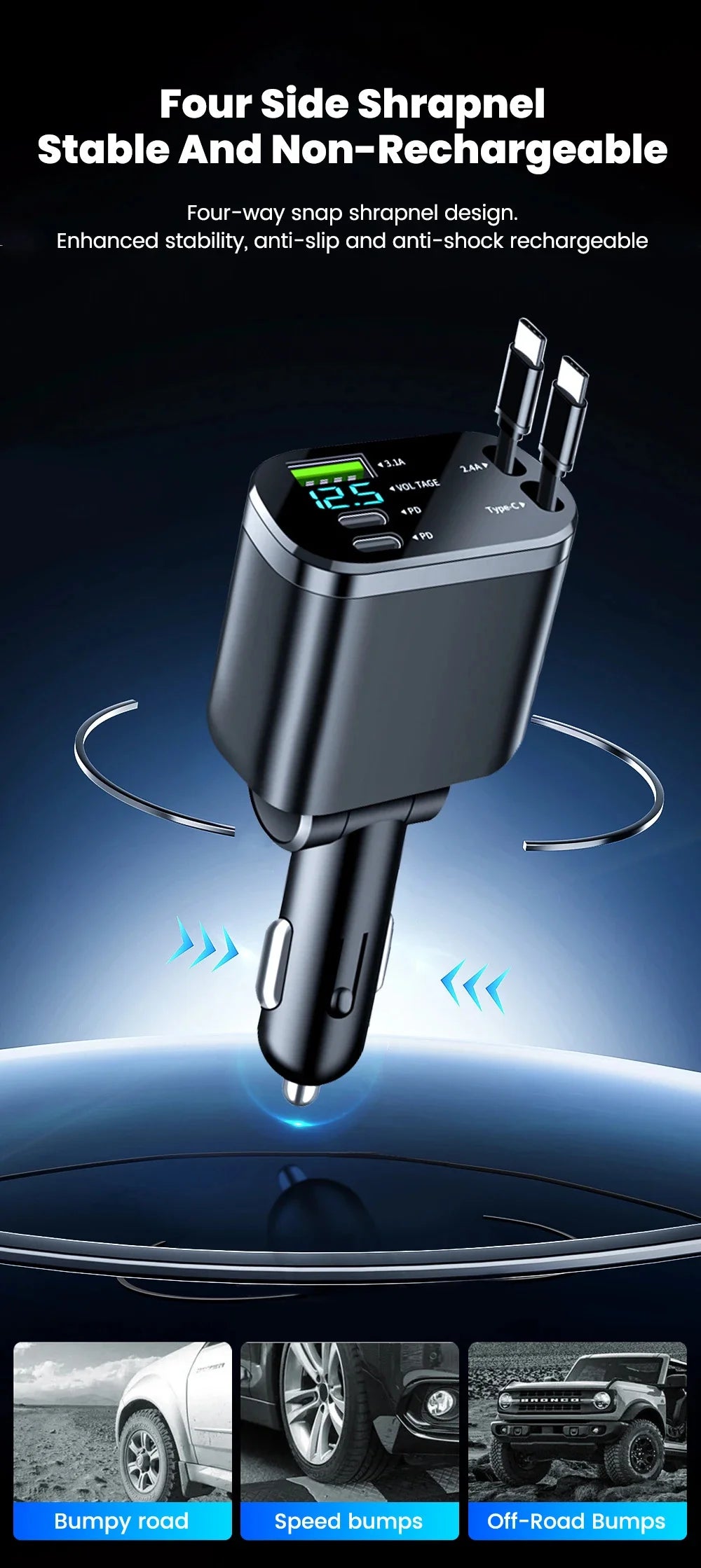148W 7 in 1 Retractable Car Charger with Voltage Display and Starry Lamp