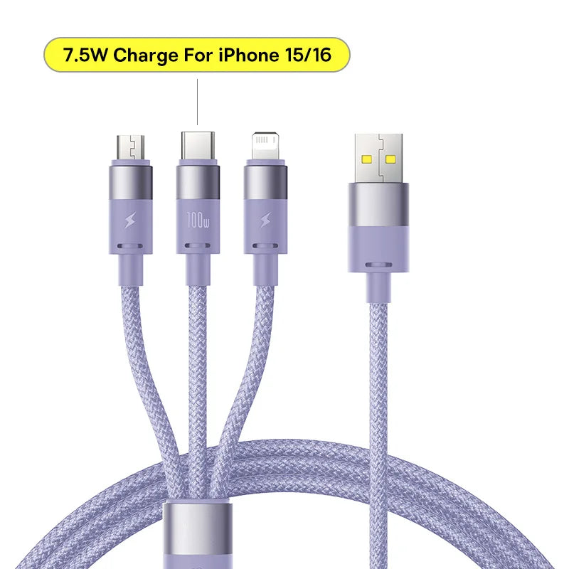 3-in-1 100W Fast Charging Cable for Phone and Laptop