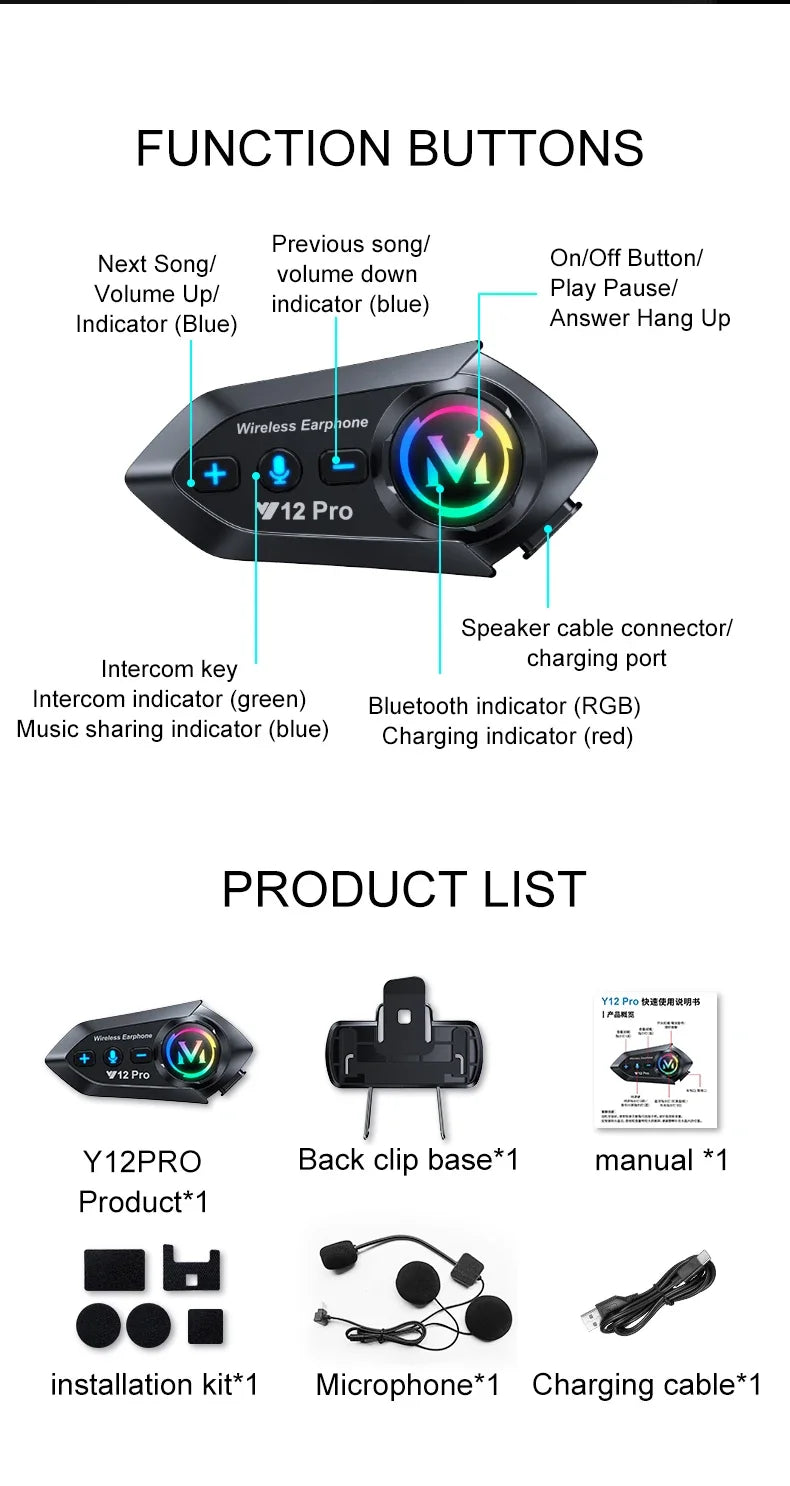 Y12 Pro Bluetooth 5.4 Motorcycle Helmet Intercom Headset 500M
