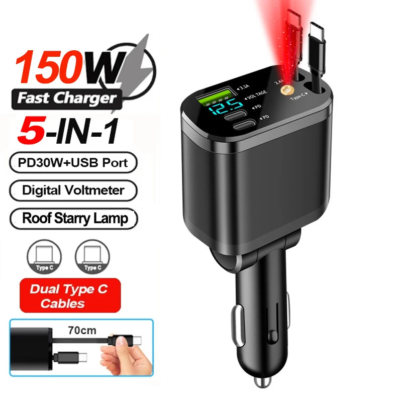 148W 7 in 1 Retractable Car Charger with Voltage Display and Starry Lamp