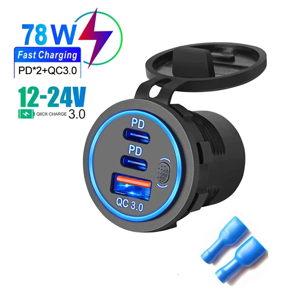 78W Triple Port USB-C Fast Car Charger Socket - 24