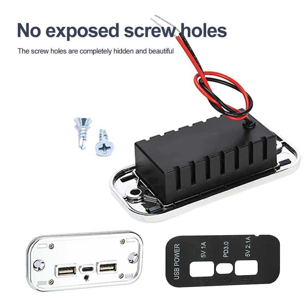 Dual USB & USB-C PD 3.0 Surface Mount Fast Car Charger Socket