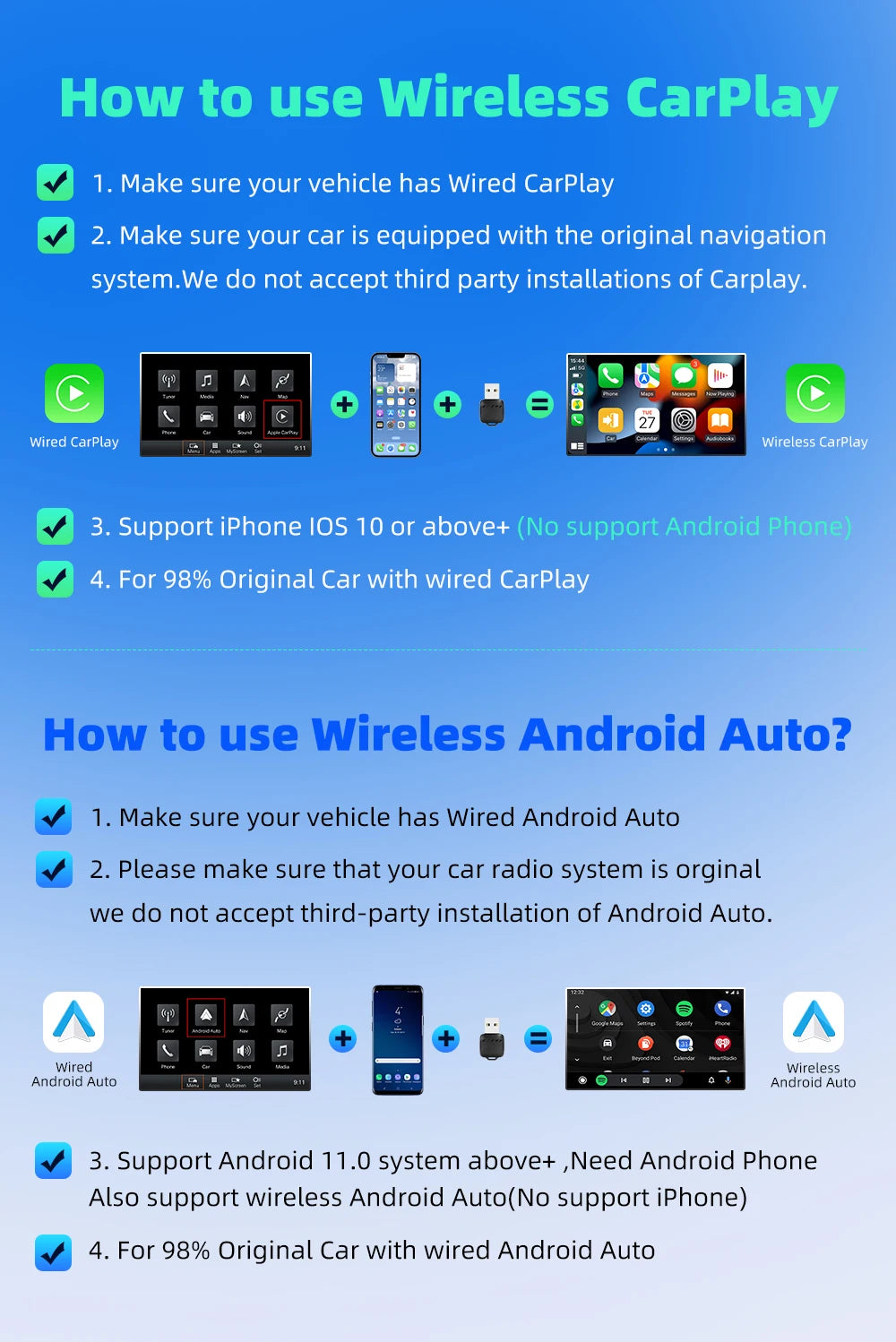 2-in-1 Wired to Wireless CarPlay and Android Auto Adapter Dongle