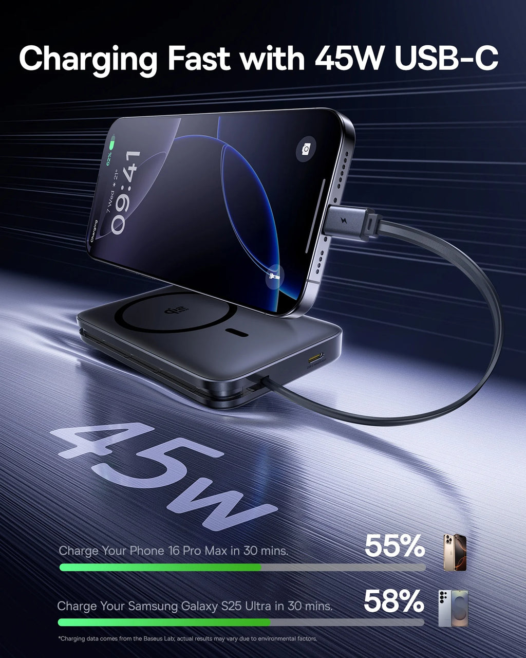 10000mAh Magnetic Wireless Power Bank with Built-In USB-C Cable