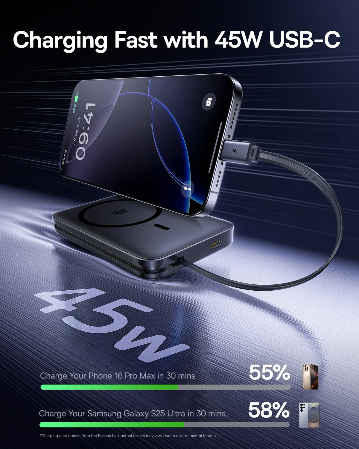 10000mAh Magnetic Wireless Power Bank with Built-In USB-C Cable