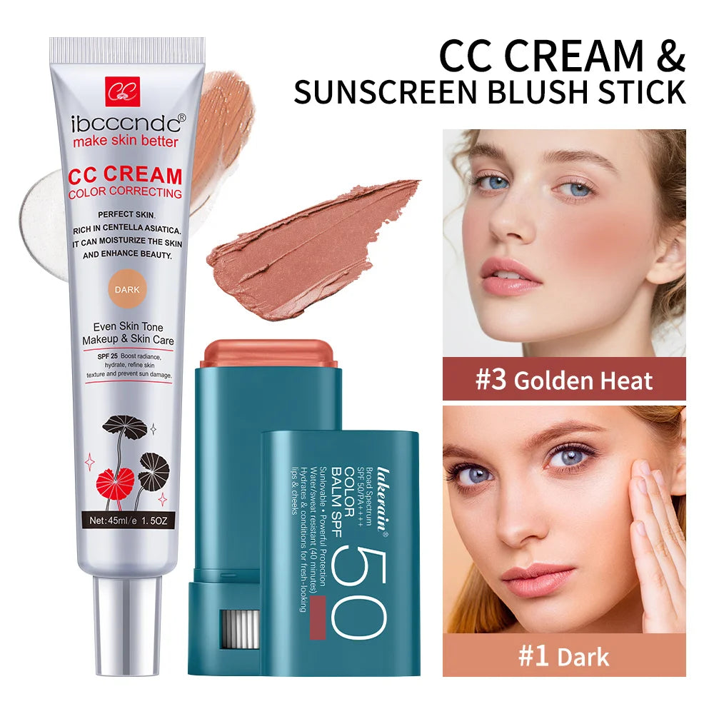 Color Correcting CC Cream and Sunscreen Blush Stick Duo Set