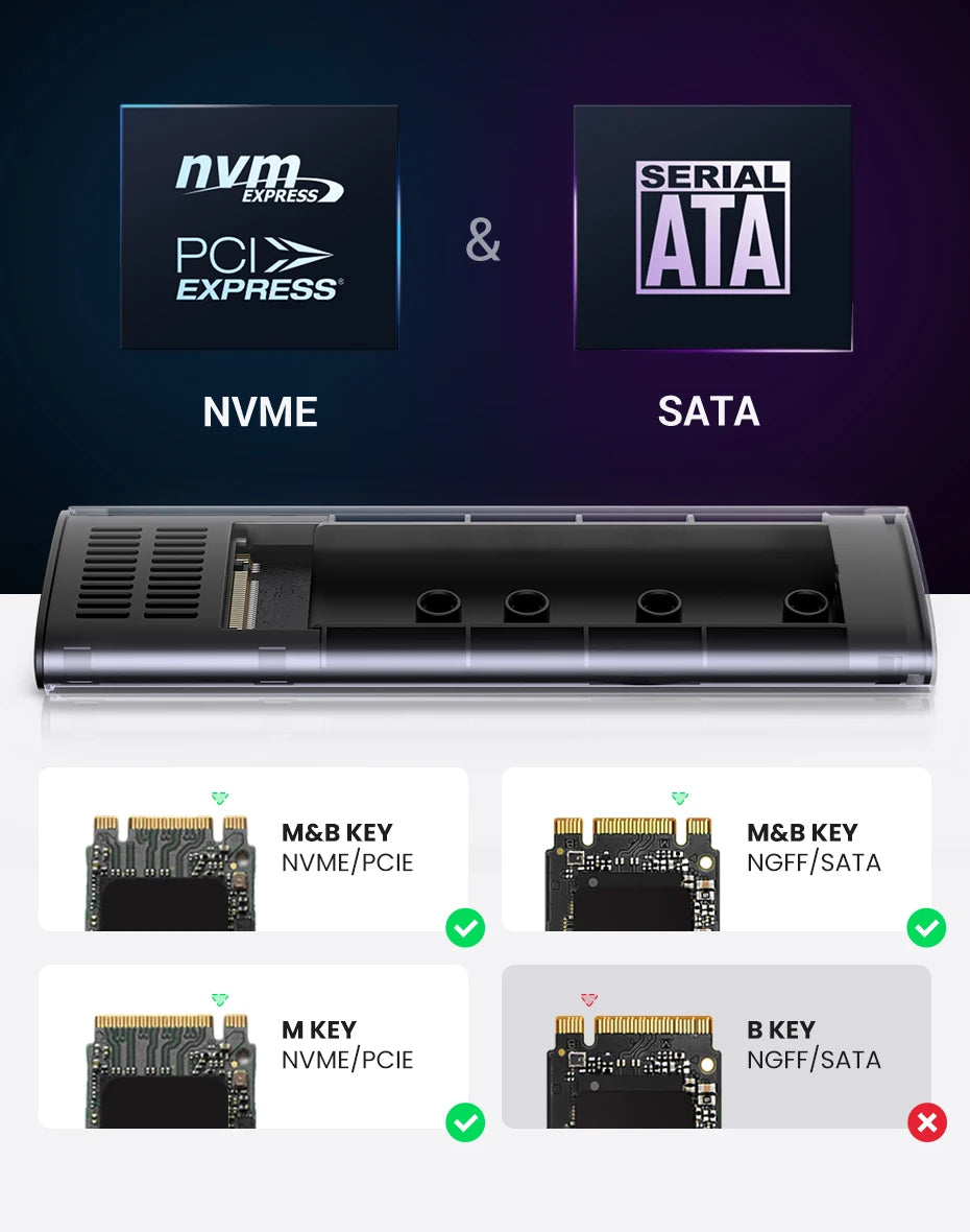 Dual Protocol M.2 NVMe SATA SSD Enclosure USB-C 10Gbps Adapter