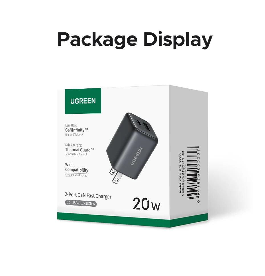 20W GaN Dual-Port USB-C and USB-A Fast Wall Charger - 24