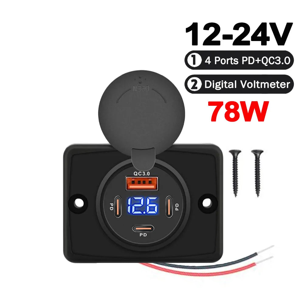 12V 24V Dual USB PD and QC3.0 Fast Charger Socket with LED Voltmeter