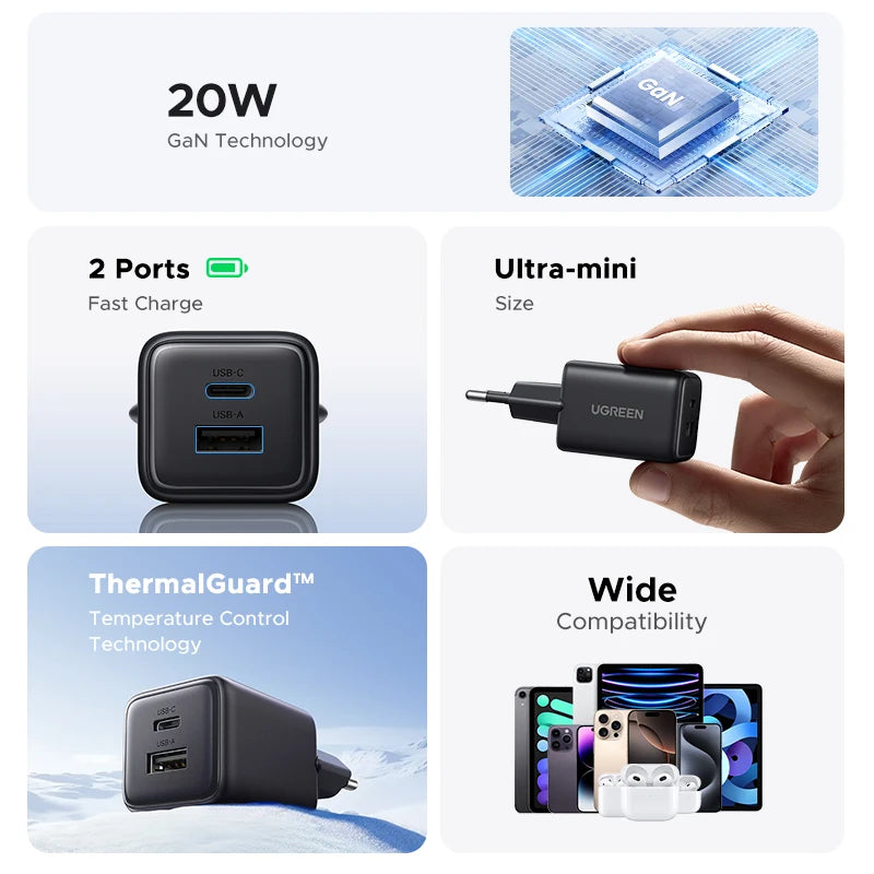 20W GaN Dual-Port USB-C and USB-A Fast Wall Charger
