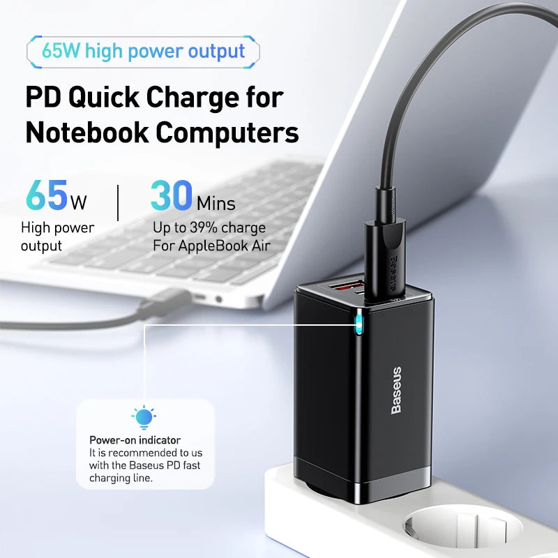 65W GaN Fast Charger with Dual Type-C and USB Ports