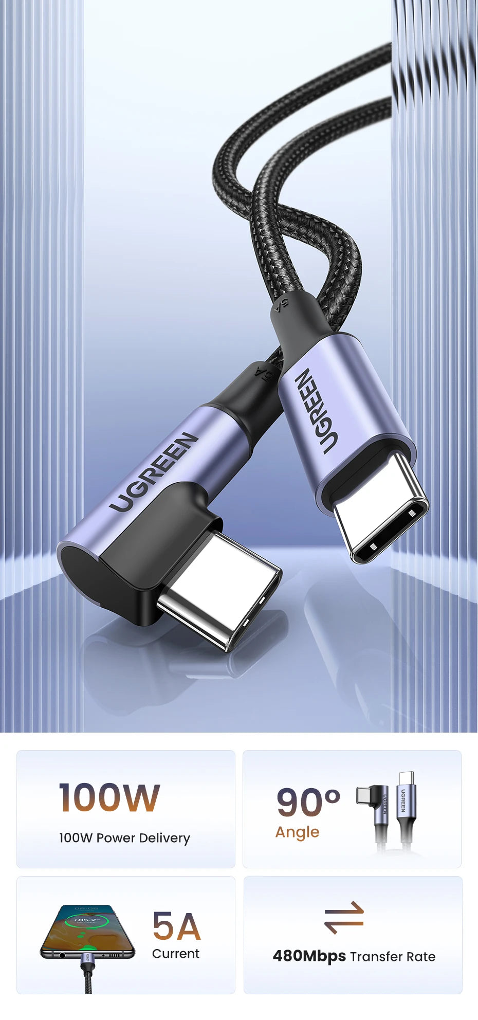 90 Degree Right Angle 100W USB-C Fast Charging and Data Sync Cable - 7