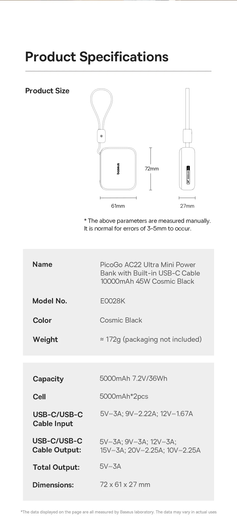 45W Mini Portable Power Bank with Built-in USB-C Cable 10000mAh - 22