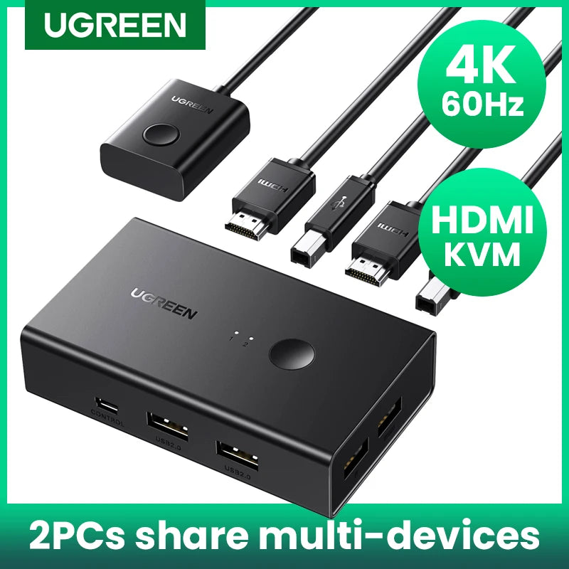 4K 60Hz HDMI KVM Switch for 2 PCs Sharing Keyboard Mouse and Monitor