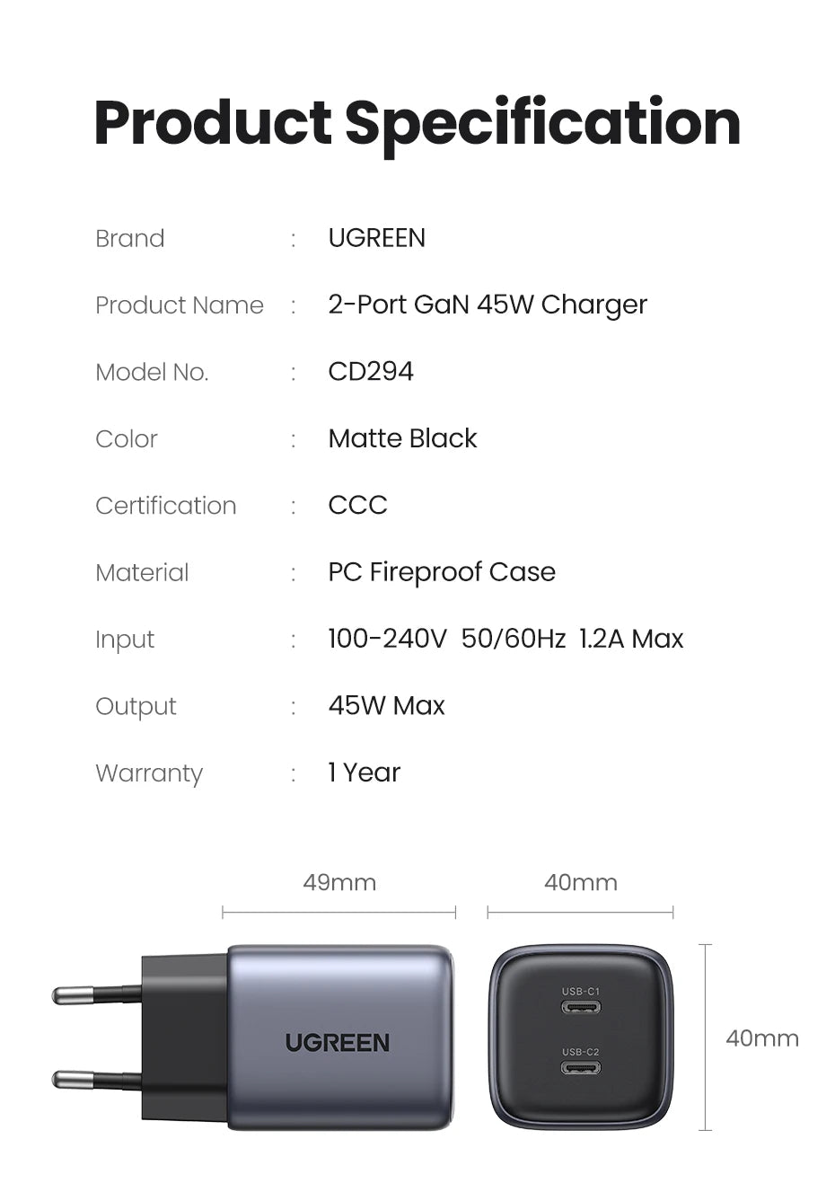 45W Dual USB-C GaN Fast Wall Charger for Smartphones and Tablets