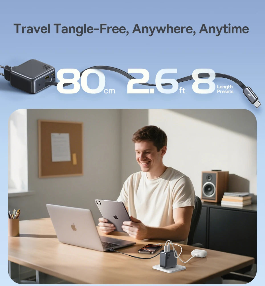 100W GaN Fast Charger with Retractable USB-C Cable