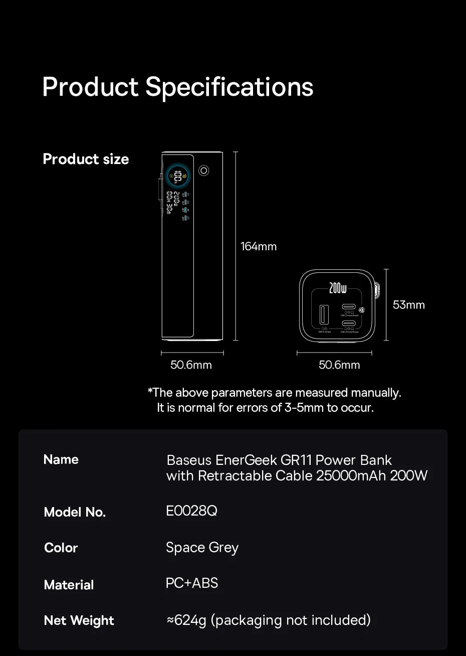200W 25000mAh Fast Charging Power Bank with Retractable Cables