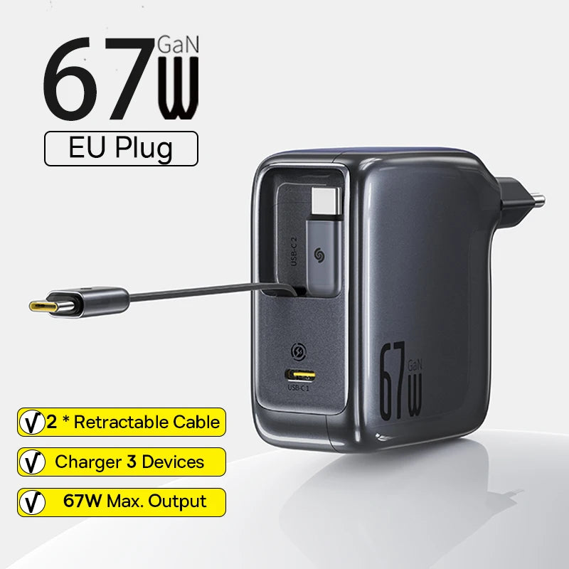 67W GaN Fast Charger with Retractable USB-C Cable for Laptops and Phones - 41