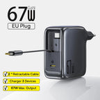 67W GaN Fast Charger with Retractable USB-C Cable for Laptops and Phones