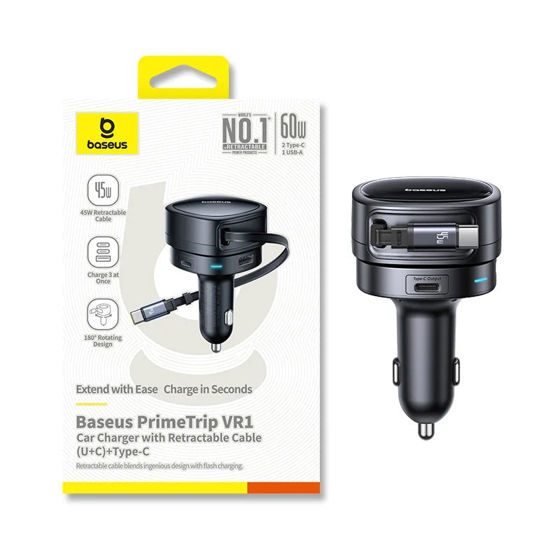 60W Retractable Fast Car Charger with 3 Ports