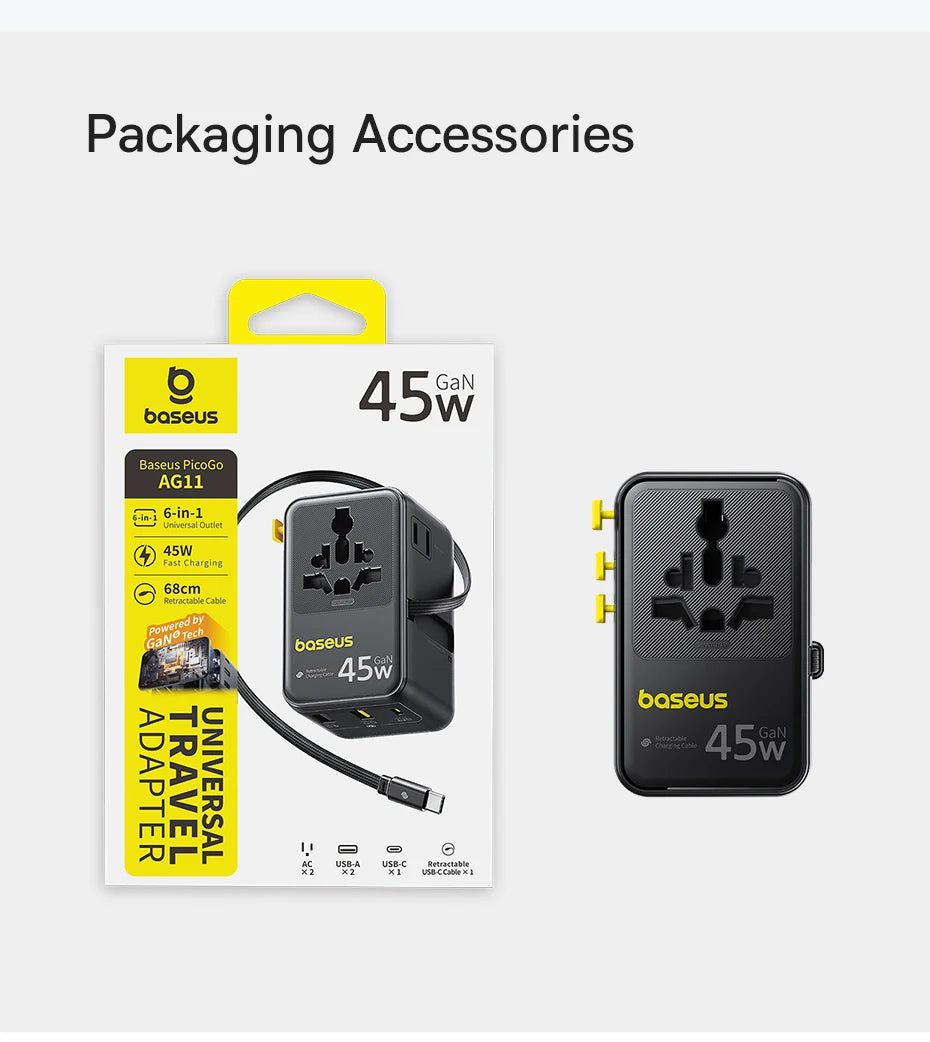 6-in-1 Universal Travel Adapter with 45W Fast Charging and Cable